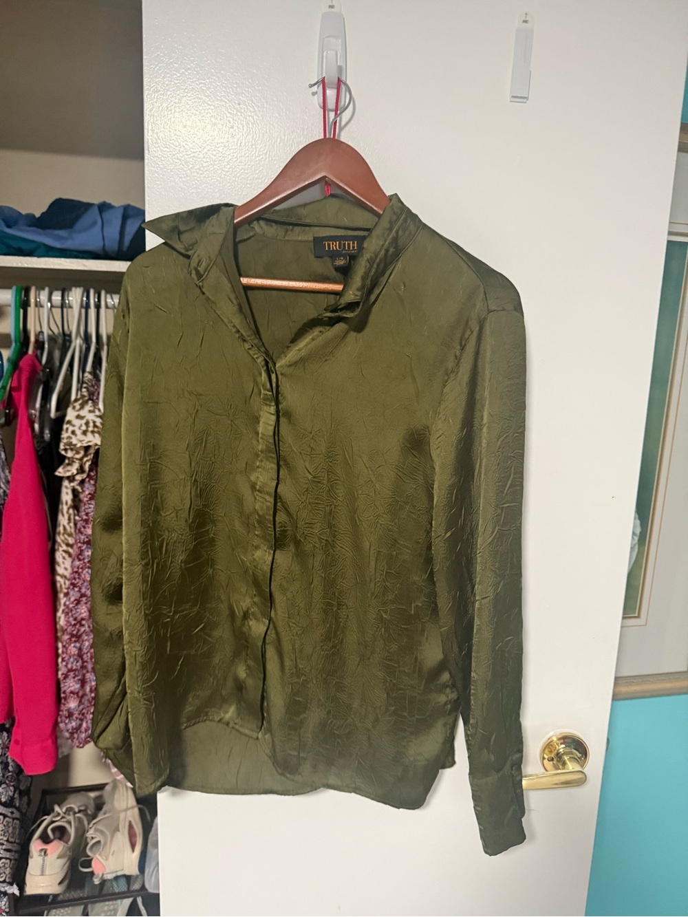 TRUTH Olive Satin Button-Down Blouse